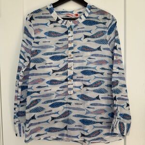 Persifor Fish Pattern Banded Collar Pop-over Long Sleeve Shirt M